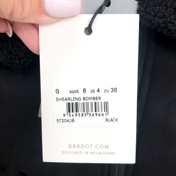 BARDOT Women's Shearling Bomber Jacket Small US 4 Black Faux Suede Cropped NWT - Picture 11 of 15